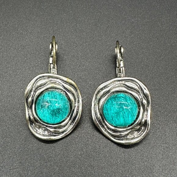 Abstract Silver Tone Dangle Earrings Aqua Center Unique Ripple Womens Jewelry - Picture 2 of 7